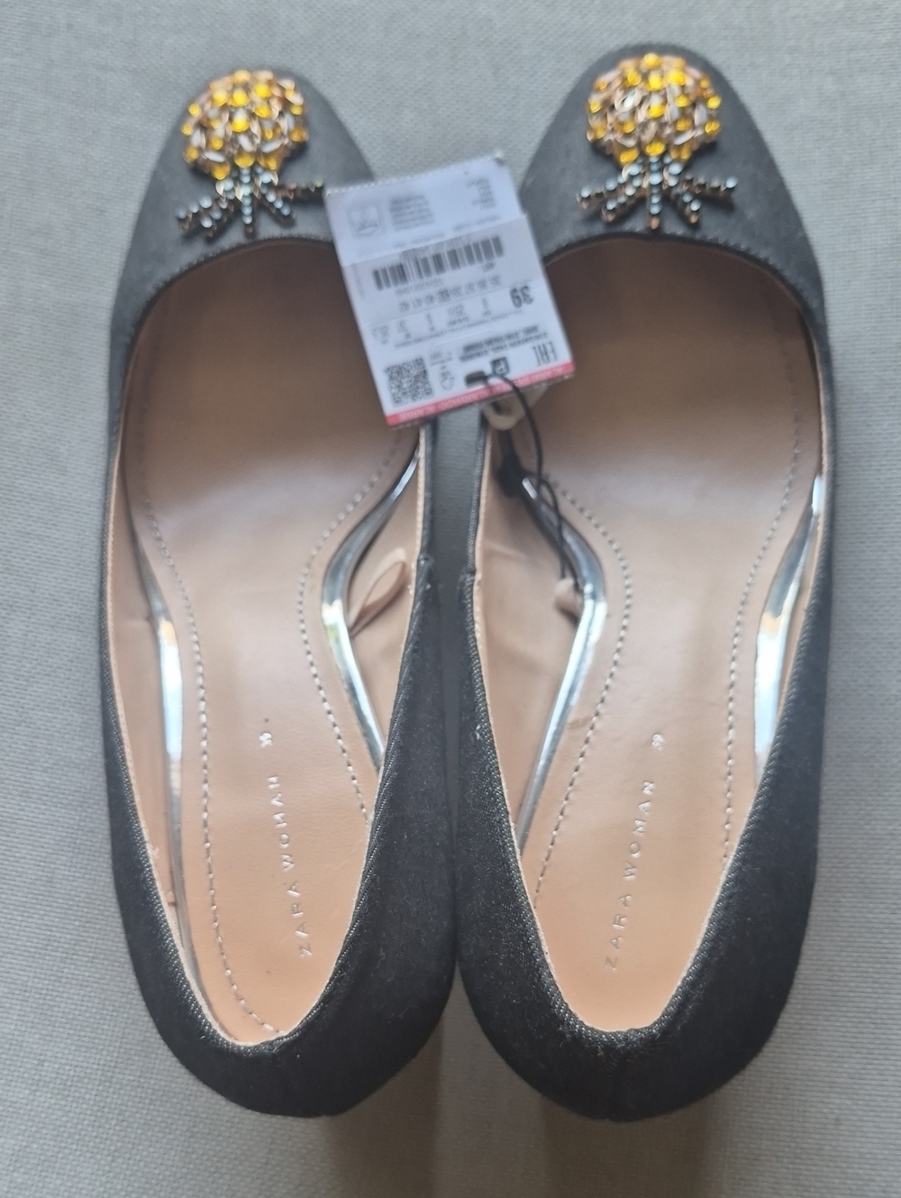 Zara Black Satin Ballet Flats with Gold Crystal Pineapple